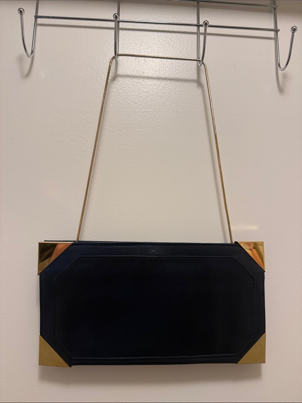 Vintage 1980s Black Minimalist Evening Bag Foldable Metal Handle